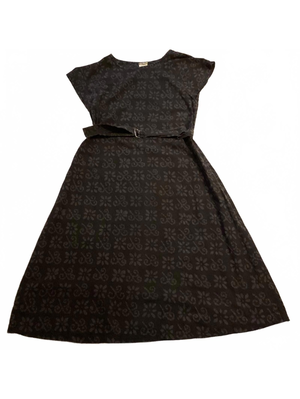 K Brower Block Print Vintage  Black Cotton Midi Dress Med.